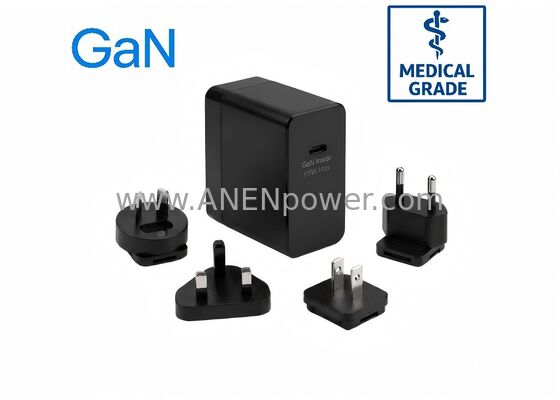 PD 65W GaN USB-C Adaptador AC Médico Fuente de alimentación enchufes intercambiables 5V 9V 12V 15V 20V Salida de múltiples voltajes