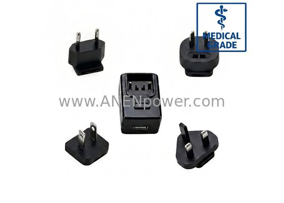 Adaptador médico de CA/CC de 6W, enchufe intercambiable, IEC60601 2×MOPP, 5V 1.2A / 12V 0.5A Baja fuga