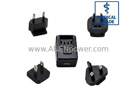 Adaptador médico AC/DC de 12W, enchufe intercambiable, aprobado por UL CE CB, grado médico aislado de 5V 2.4A / 12V 1A / 24V 0.5A